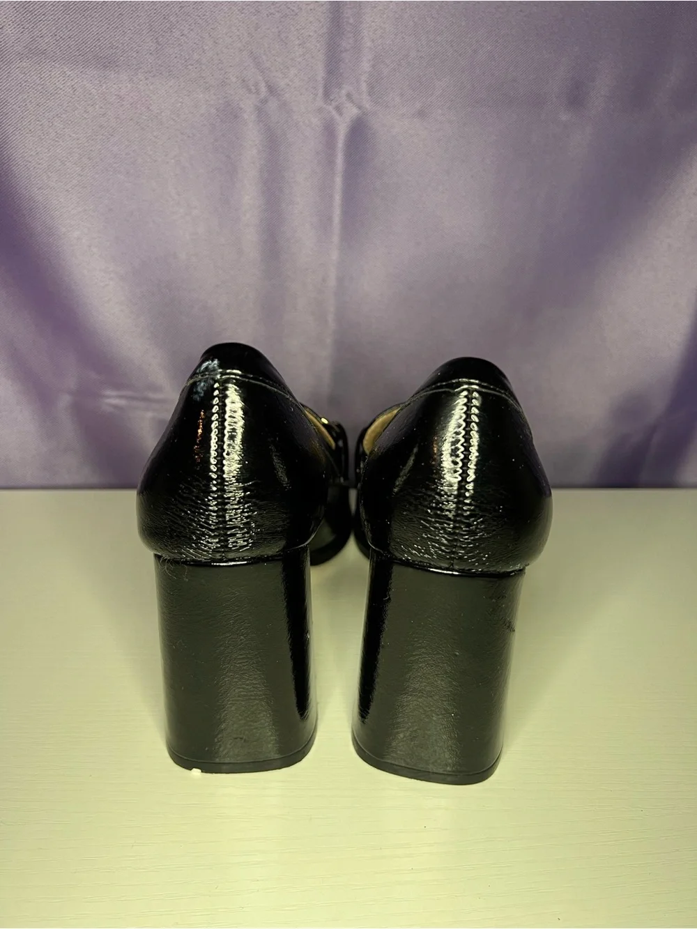 BCBGeneration Black Patent Block Heel Loafer Pumps with Gold Bit
